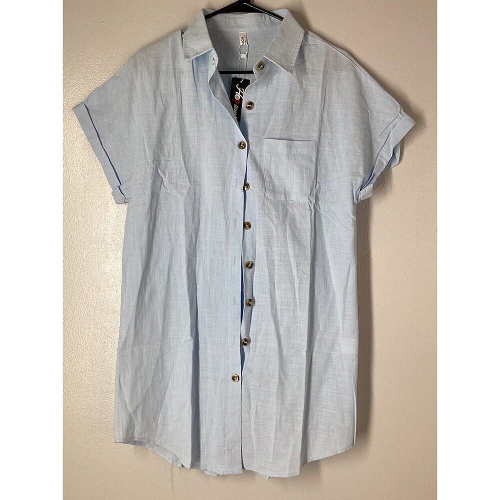 Hotouch Shirt Button Up Dress Short Sleeve Blue Size Small